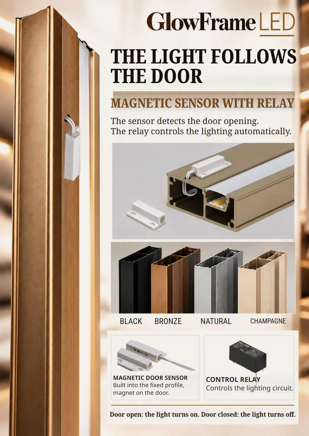 Magnetic door sensor with relay for the GlowFrame profile