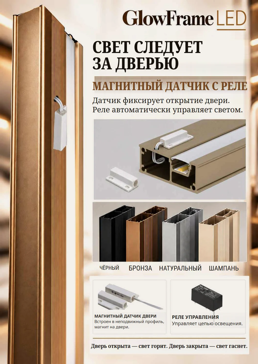 Магнитный датчик двери с реле для профиля GlowFrame