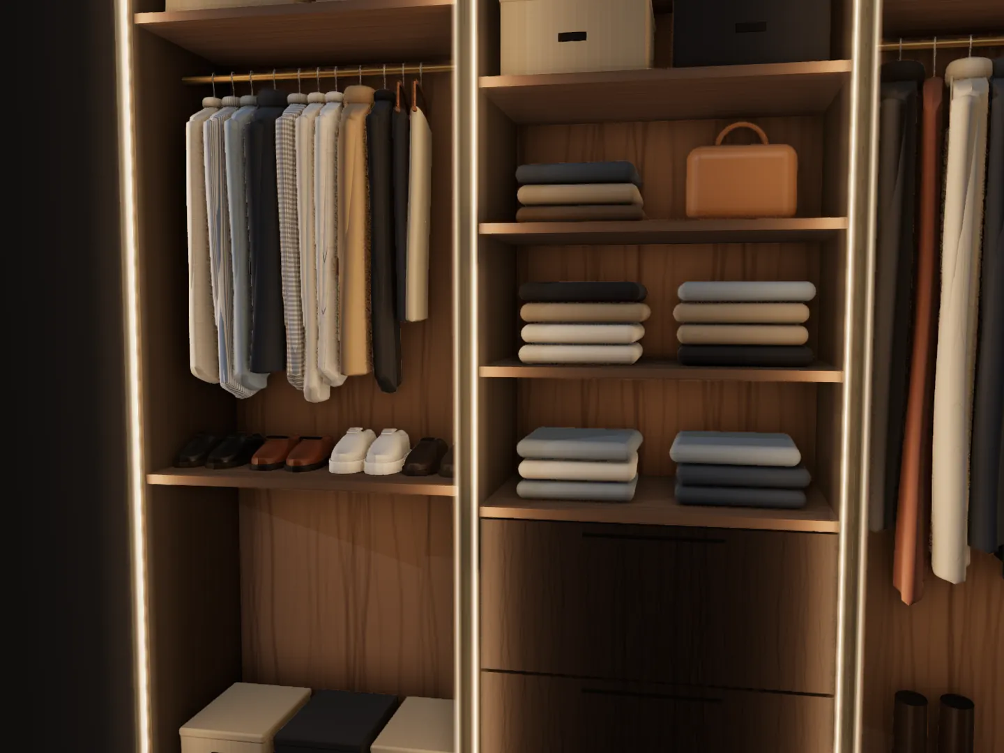 Open wardrobe with GlowFrame light, three-quarter view