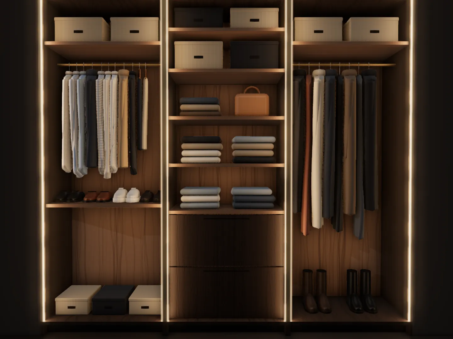 The whole wardrobe from the front, every bay lit from both sides