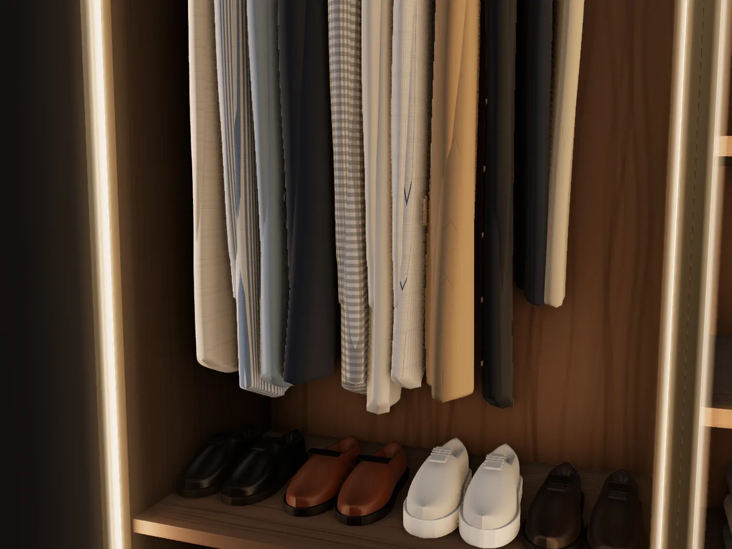 Hanging clothes and shoes lit by the vertical profiles