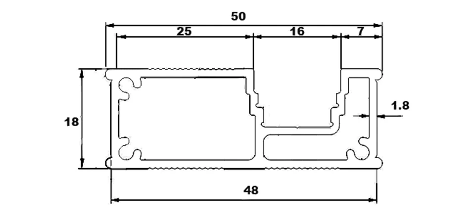 GlowFrame LED aluminium profile — technical drawing, 50 × 18 mm cross-section for integrated furniture and architectural lighting
