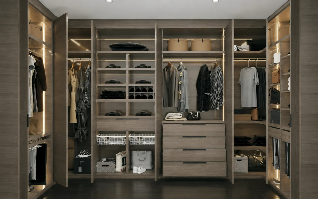 GlowFrame LED integrated lighting built into furniture and joinery — wardrobe interior